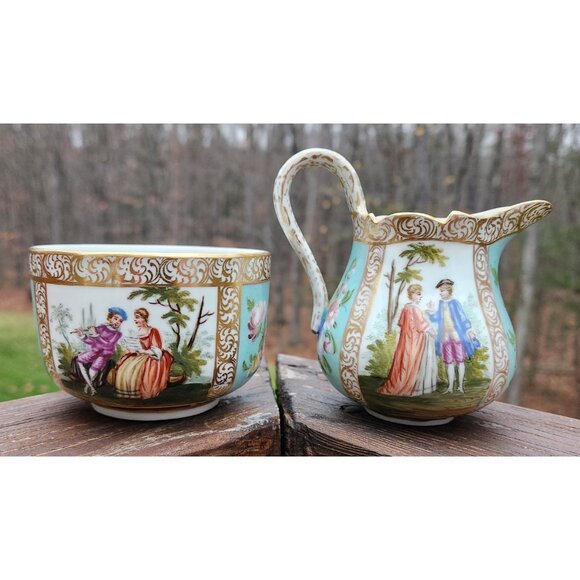 Dresden Germany Porcelain Floral Victorian Couple Sugar Bowl and Creamer Set - Picture 2 of 8